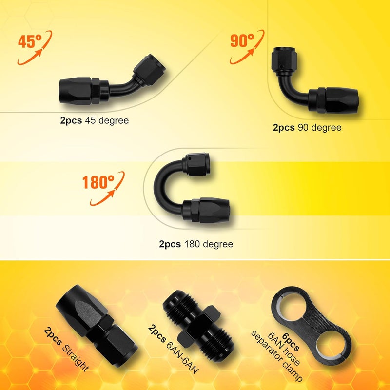 ZOSANY 6AN Hose End Fitting Kit with Straight, 45, 90, and 180 Degree, 6AN Male Coupler Adapter & Hose Separator Clamp Fitting for CPE Braided Hose - Image 3